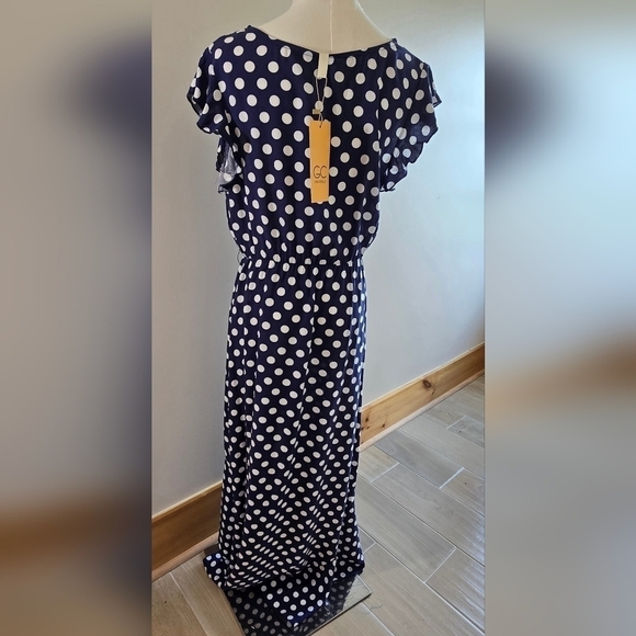 NWT Grecerelle V-Neck Faux Wrap Blue White Polka Dot Dress Ruffle Sleeve Sz. S - Picture 5 of 14